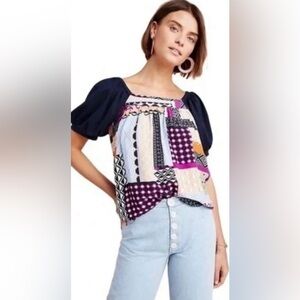 Anthropologie Maeve‎ Catania Patchwork Puff Sleeve Blouse Boho Flowy Whimsical